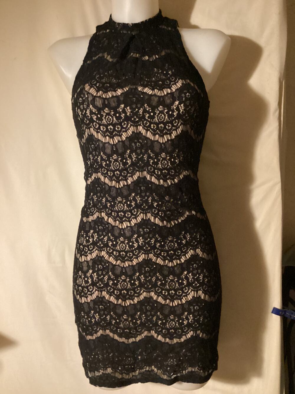 5147 Love Fire Black Lace Dress Tan Lining Women Sleeveless Size Medium
